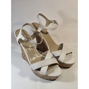 Guess Women's  Ankle Strap Platform Cork Wedge Sandal Shoes White High Heels